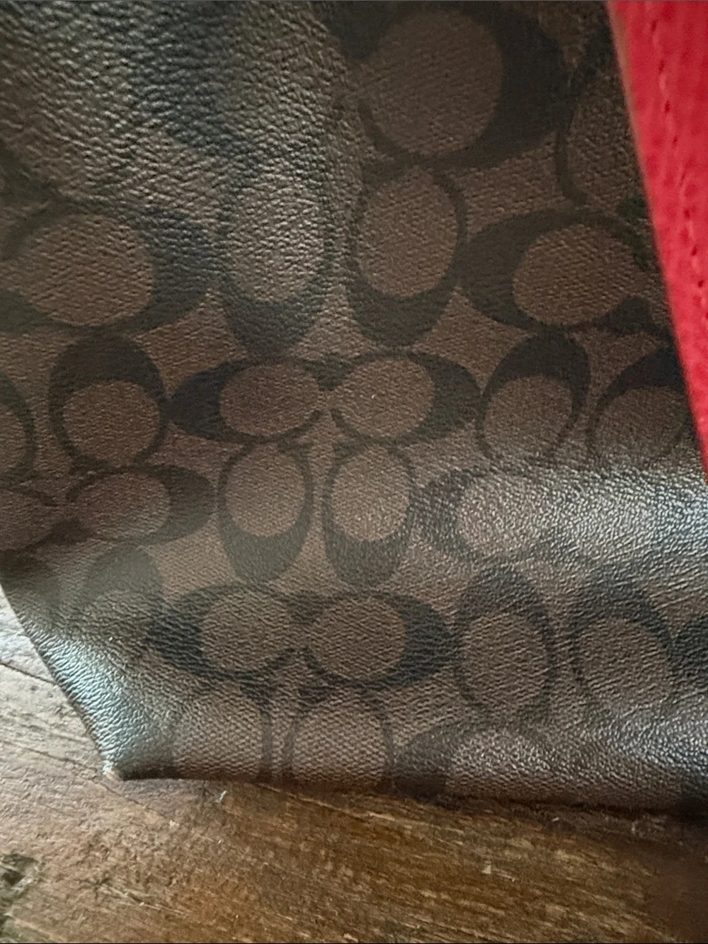 Coach Brown Signature Tote with Red Trim and Gold Hardware